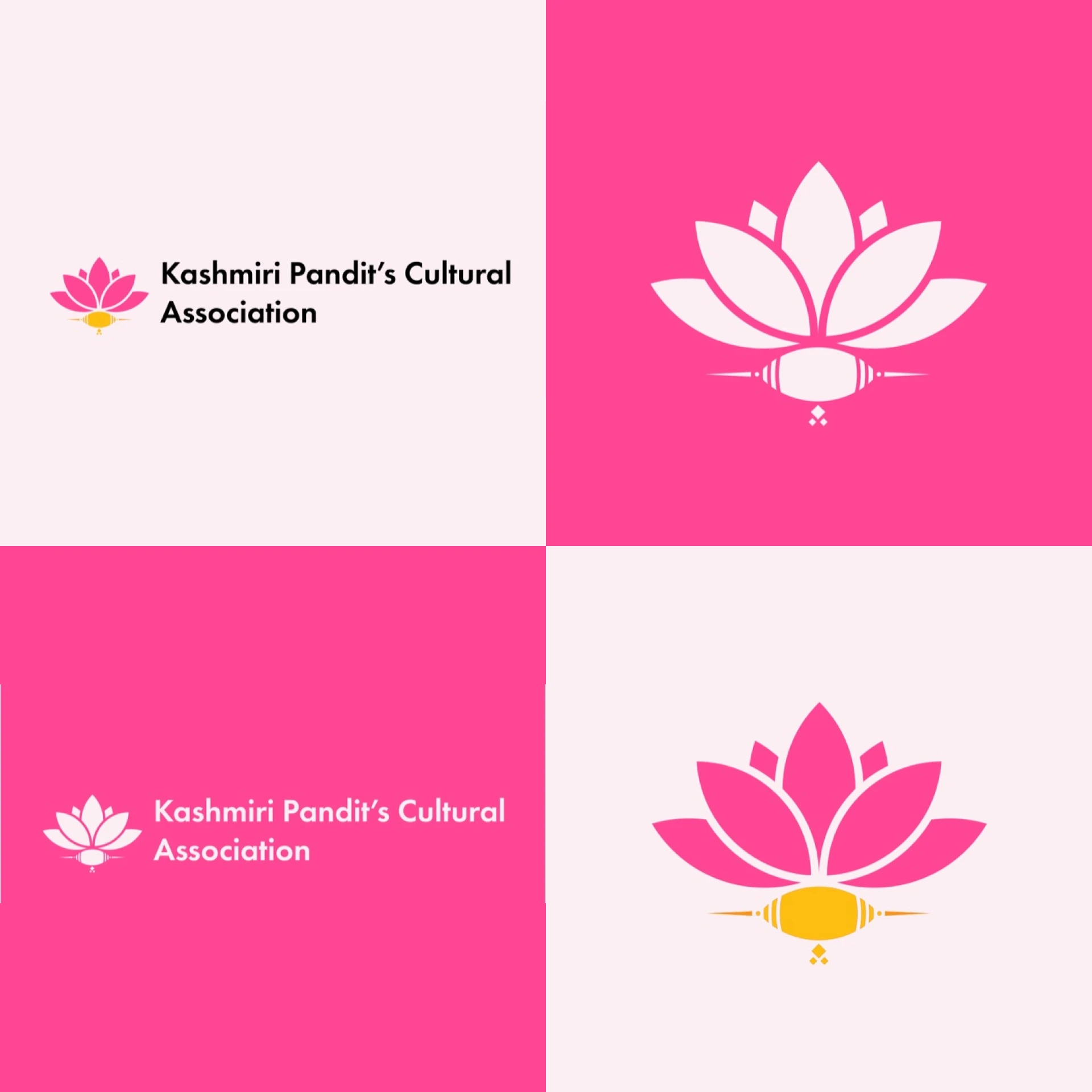 KPCA logo lockups: the lotus with the full name, in pink, white and saffron on blush and pink