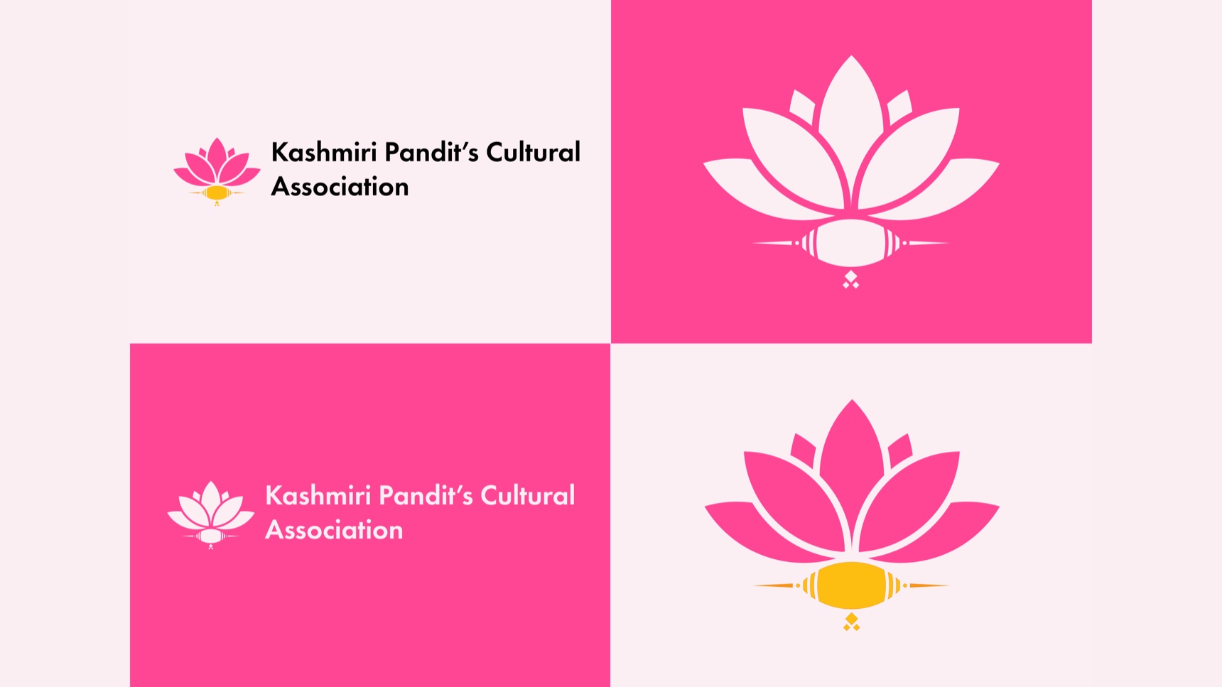 KPCA lockups: horizontal logo with the full name on light pink and on deep pink, and the stacked lotus mark in white and in colour