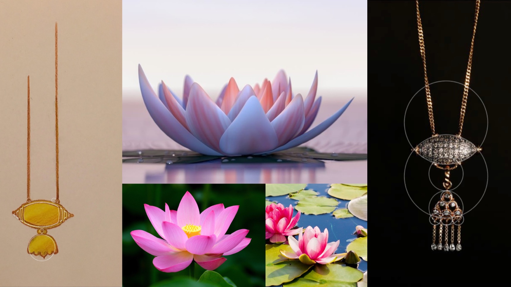 Moodboard: a dejhoor sketch, lotus flowers in pink and lilac, and a dejhoor pendant with circles traced over it
