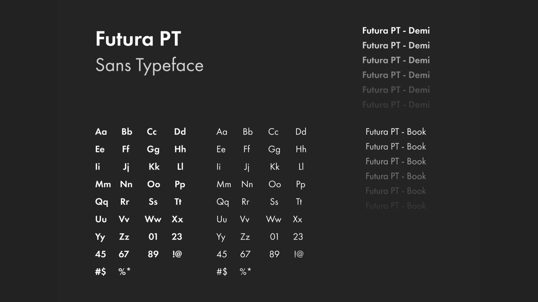 Futura PT specimen in Demi and Book weights