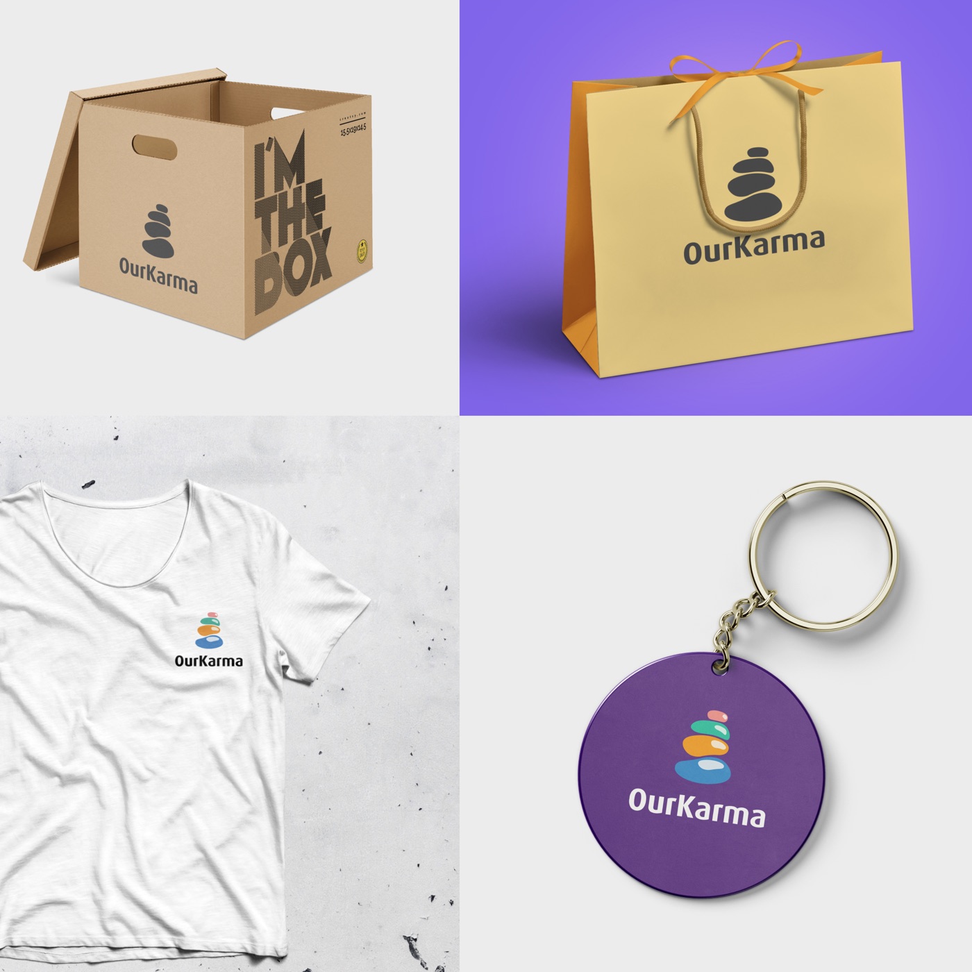 OurKarma brand applications: a kraft donation box, a yellow gift bag on violet, a white T-shirt and a violet keyring