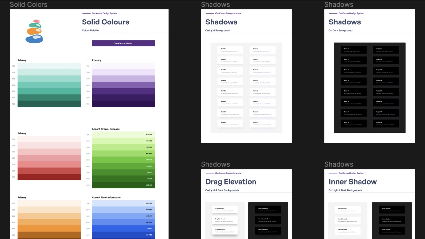 OurKarma design system colour sheet: solid colour scales and shadow tokens on light and dark backgrounds