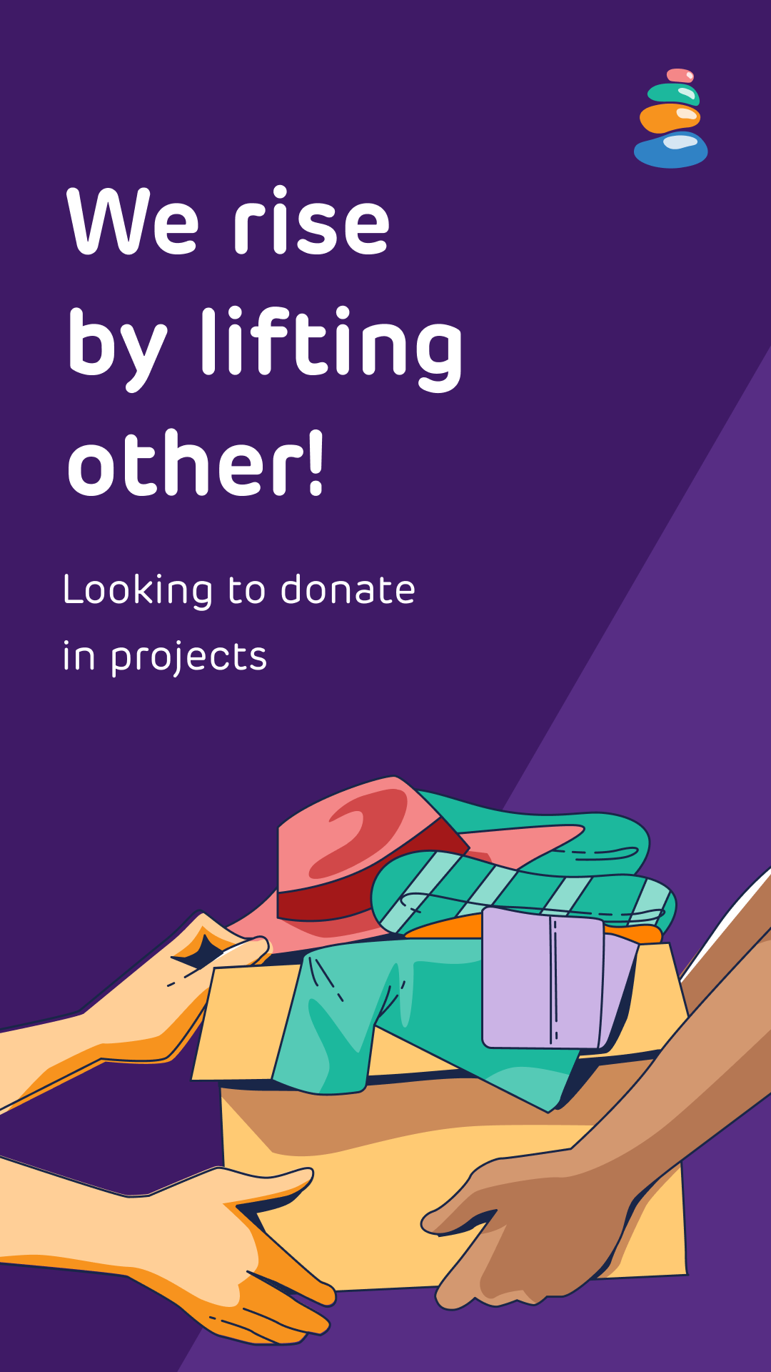 OurKarma story screen: We rise by lifting others, looking to donate in projects, with hands passing a box of clothes