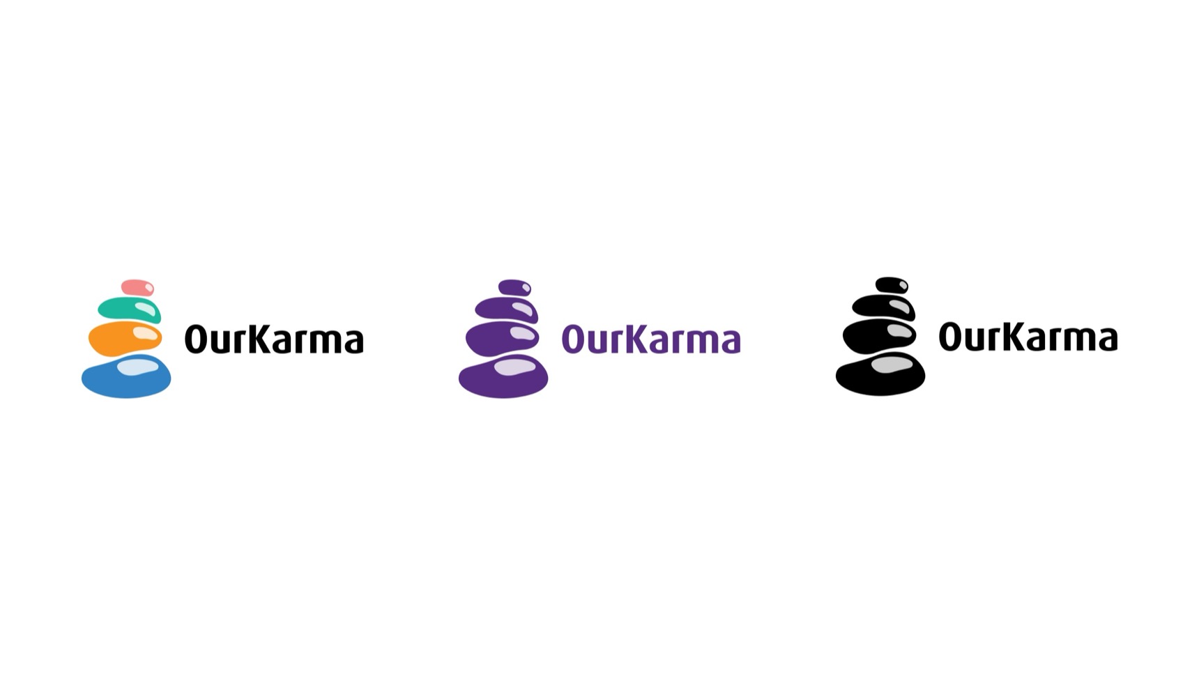 Three horizontal OurKarma logo lockups: full colour, violet, and black