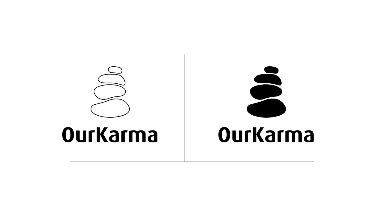 Two one-colour versions of the OurKarma logo: an outline version and a solid black version