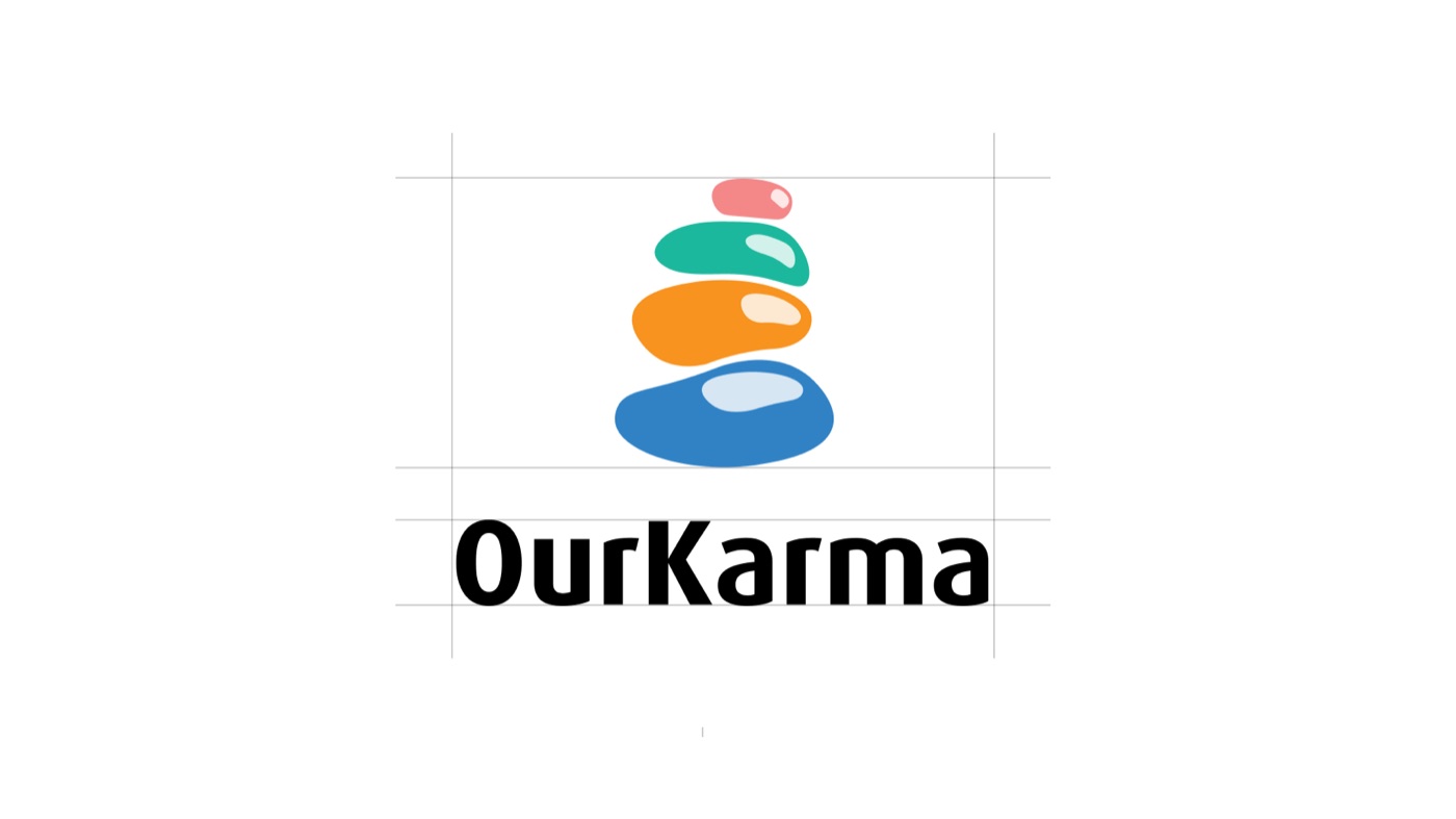 The OurKarma logo on its construction grid: four stacked stones in red, green, orange and blue above the OurKarma wordmark