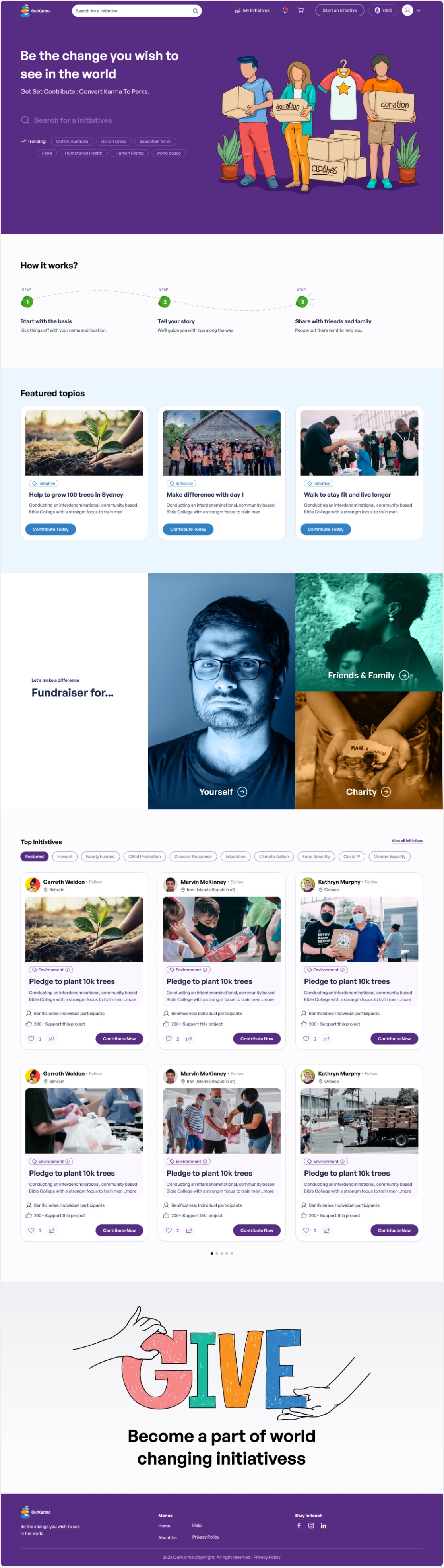 The OurKarma home page, scrolling from the violet hero through how it works, featured topics, fundraising options and top initiatives to the footer