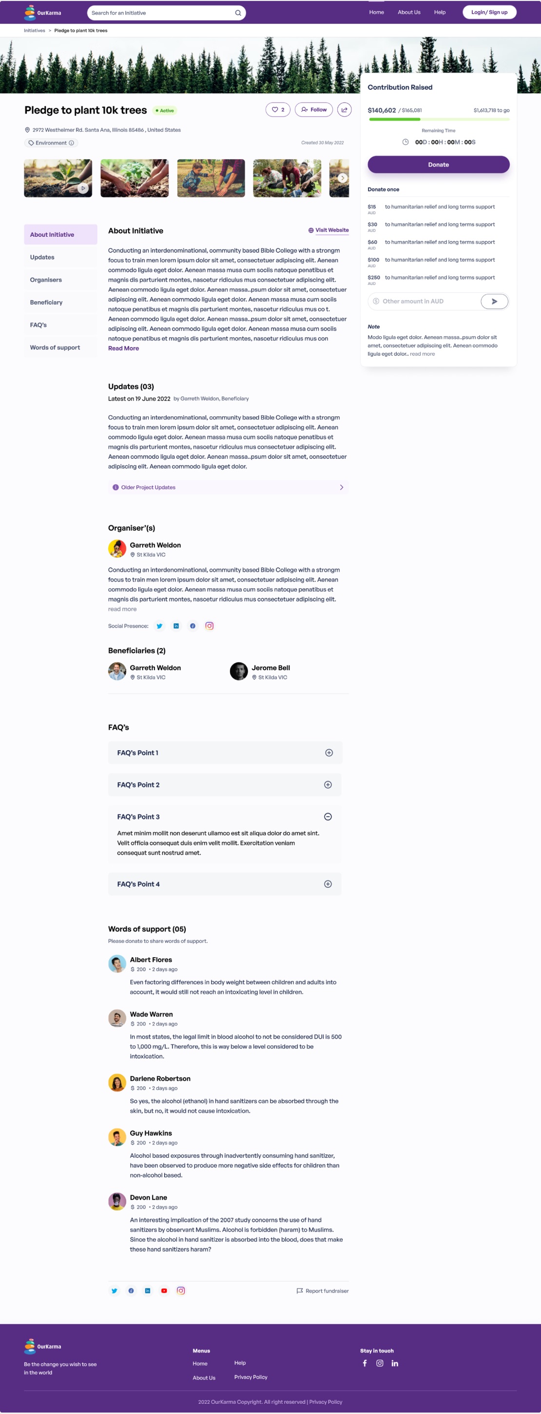 An OurKarma initiative page, Pledge to plant 10k trees, scrolling through the gallery, contribution panel, updates, organisers, FAQs and words of support