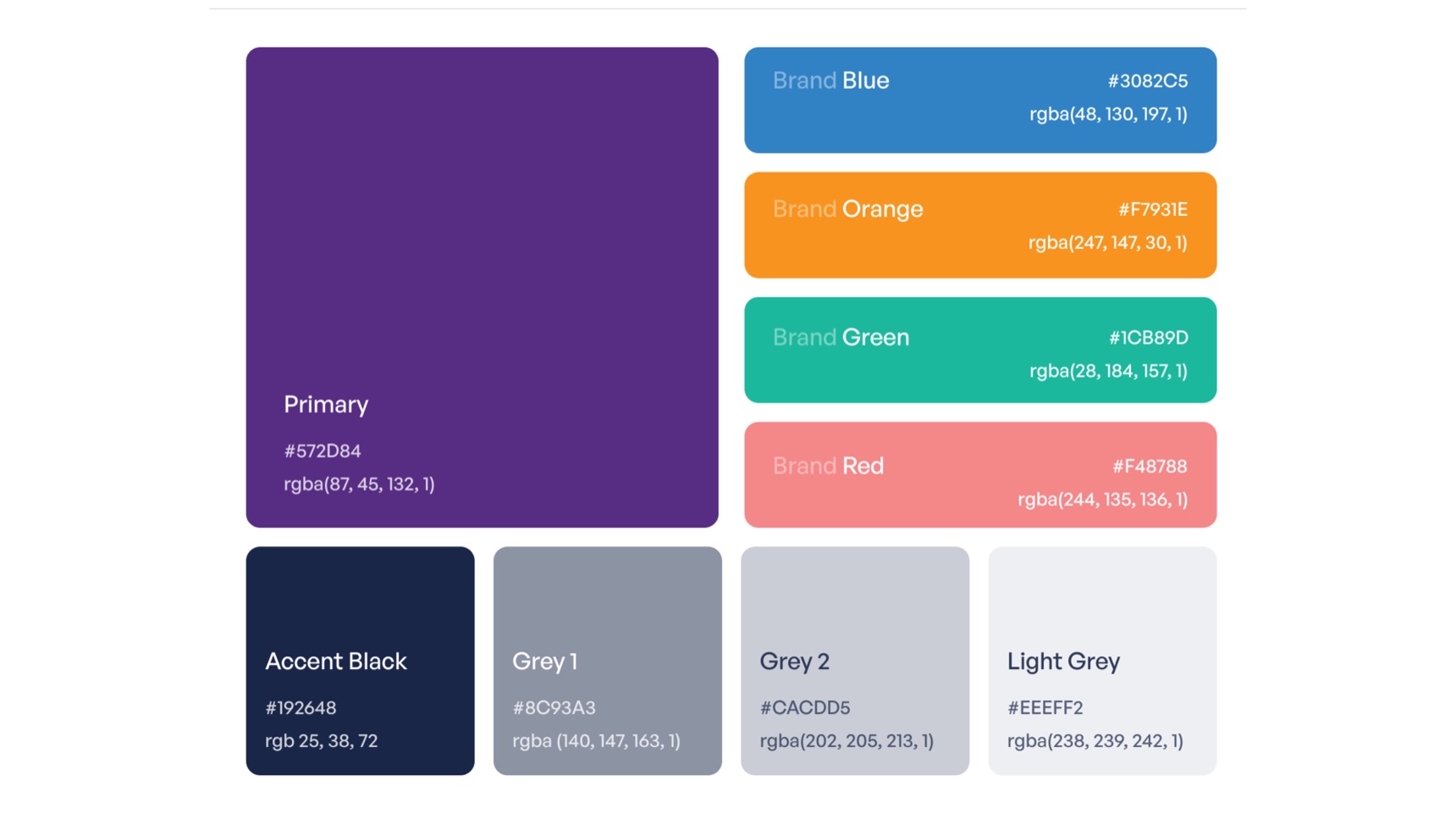 OurKarma colour palette: primary violet #572D84, brand blue, orange, green and red, accent black and three greys